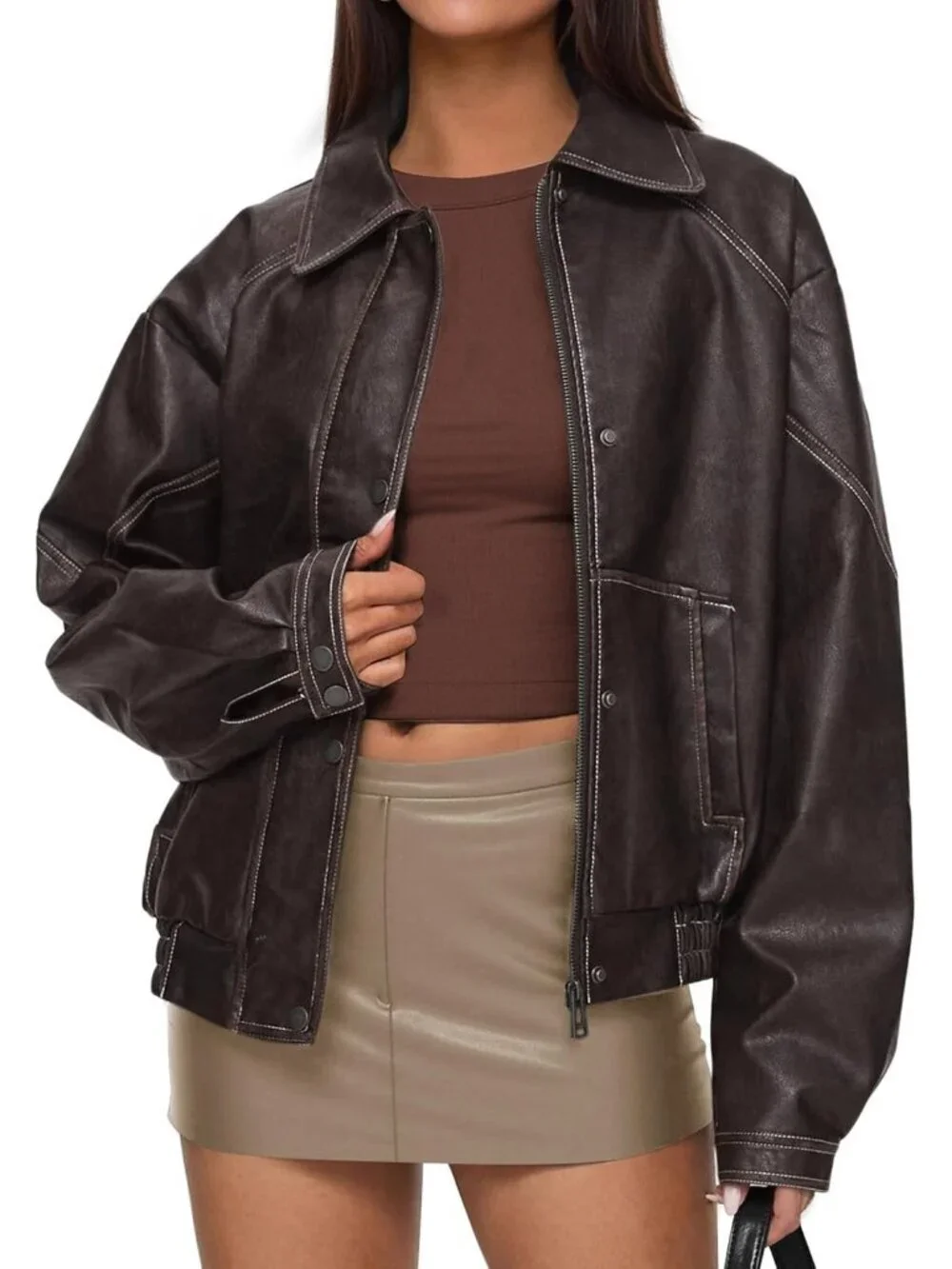 Women's Bomber Motorcycle Jackets Oversized Faux Leather Jacket Dark Brown